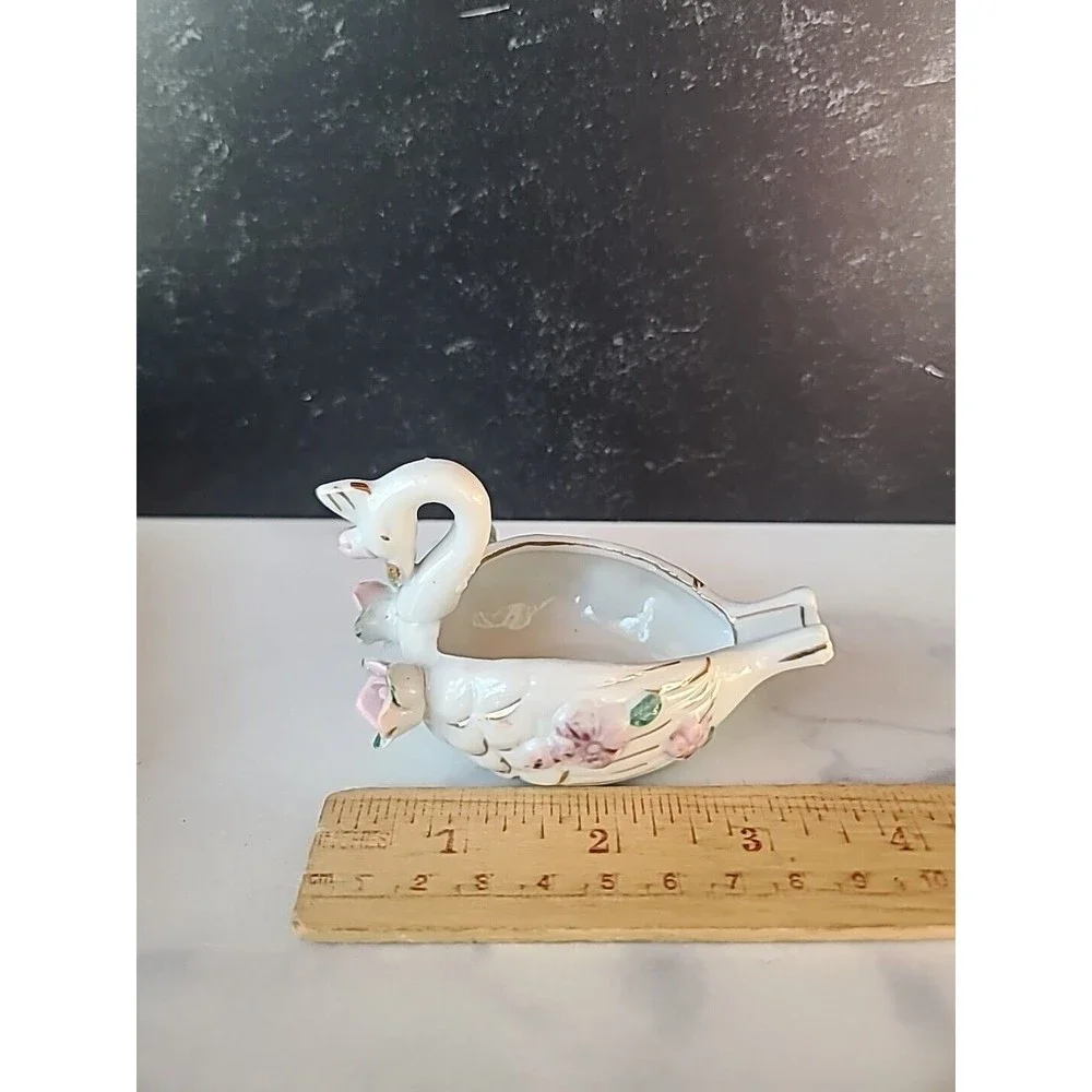 Vintage Ceramic Swan Trinket Dish With Capodimonte Flowers
